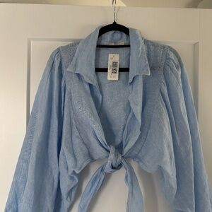 Tie Front Cropped Linen Blouse NWT Blue Medium